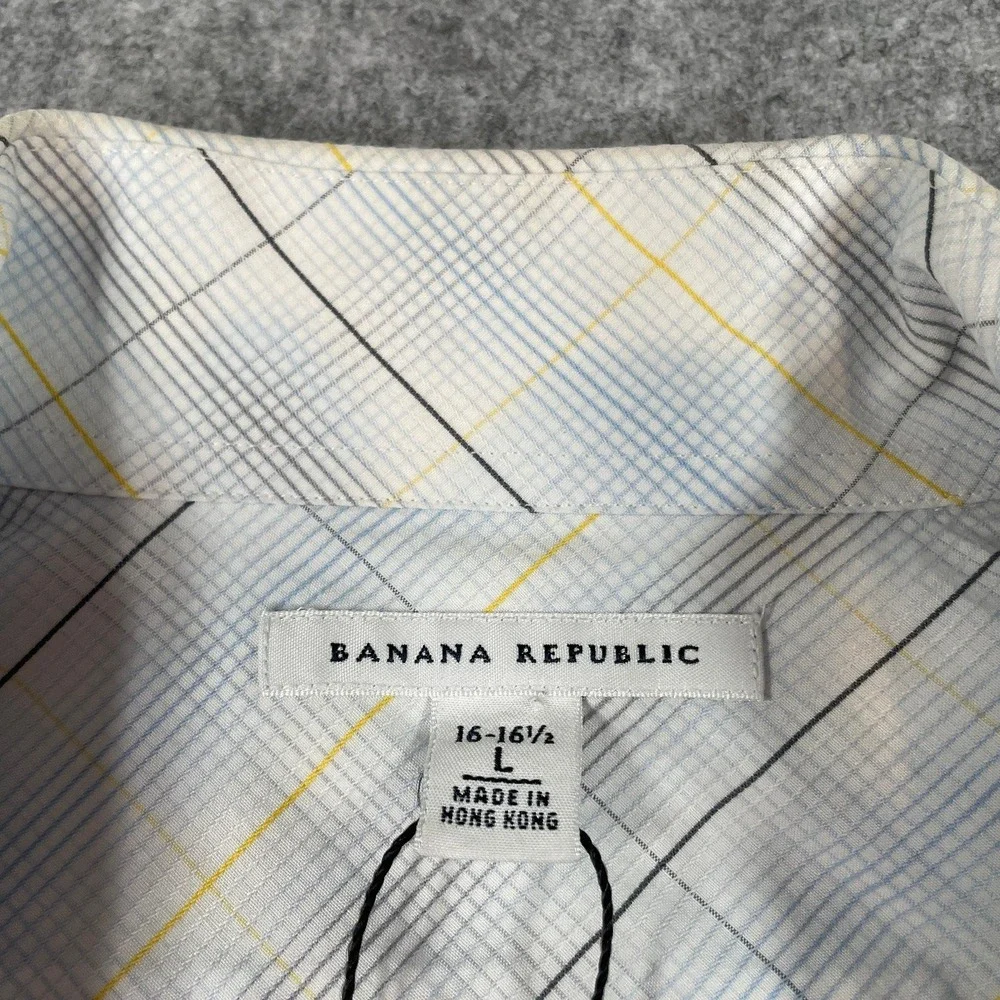Banana Republic Mens Button Down Shirt L White Plaid Long Sleeve Regular Fit Non